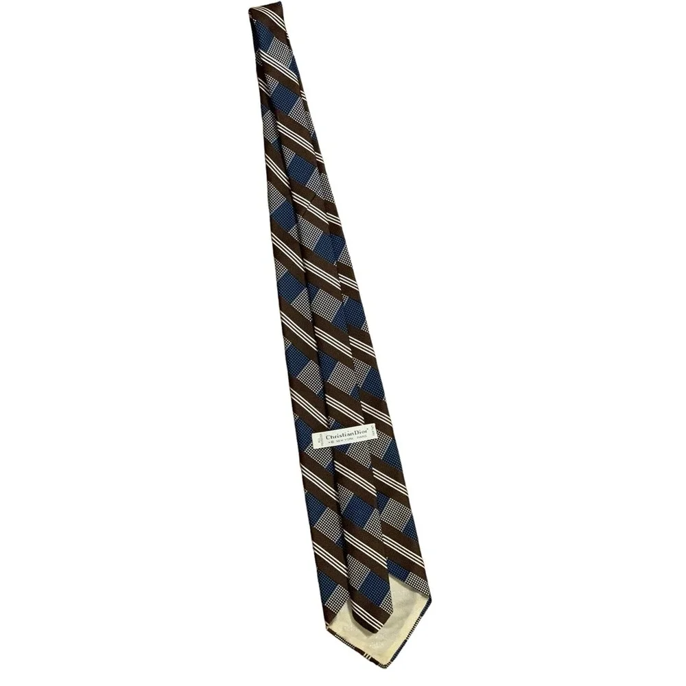 Christian Dior Necktie 100% Polyester-Chocolate‎ Brown, Blue, Cream - GORGEOUS!!